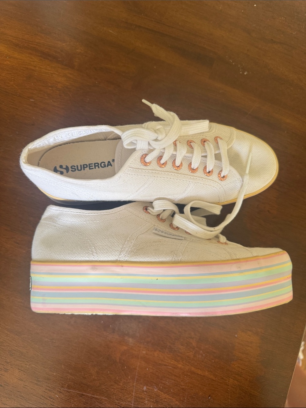 Superga White Canvas Platform Sneakers with Pastel Rainbow Striped Sole